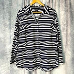Chaps No Iron Navy and White Striped Button-Up Shirt - 2X